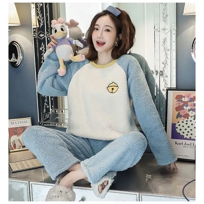 Thickened Long Sleeve Home Clothes Set with Chest Pad Winter Coral Fleece Korean Style Student Cute Large Size Home Clothes Set
