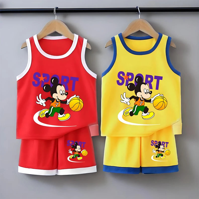 Disney Summer Thin Tracksuits New 2pcs Toddler Boys Fashion Casual Loose Vest Tops+Shorts Kid Cartoon Printed Simple Outfits