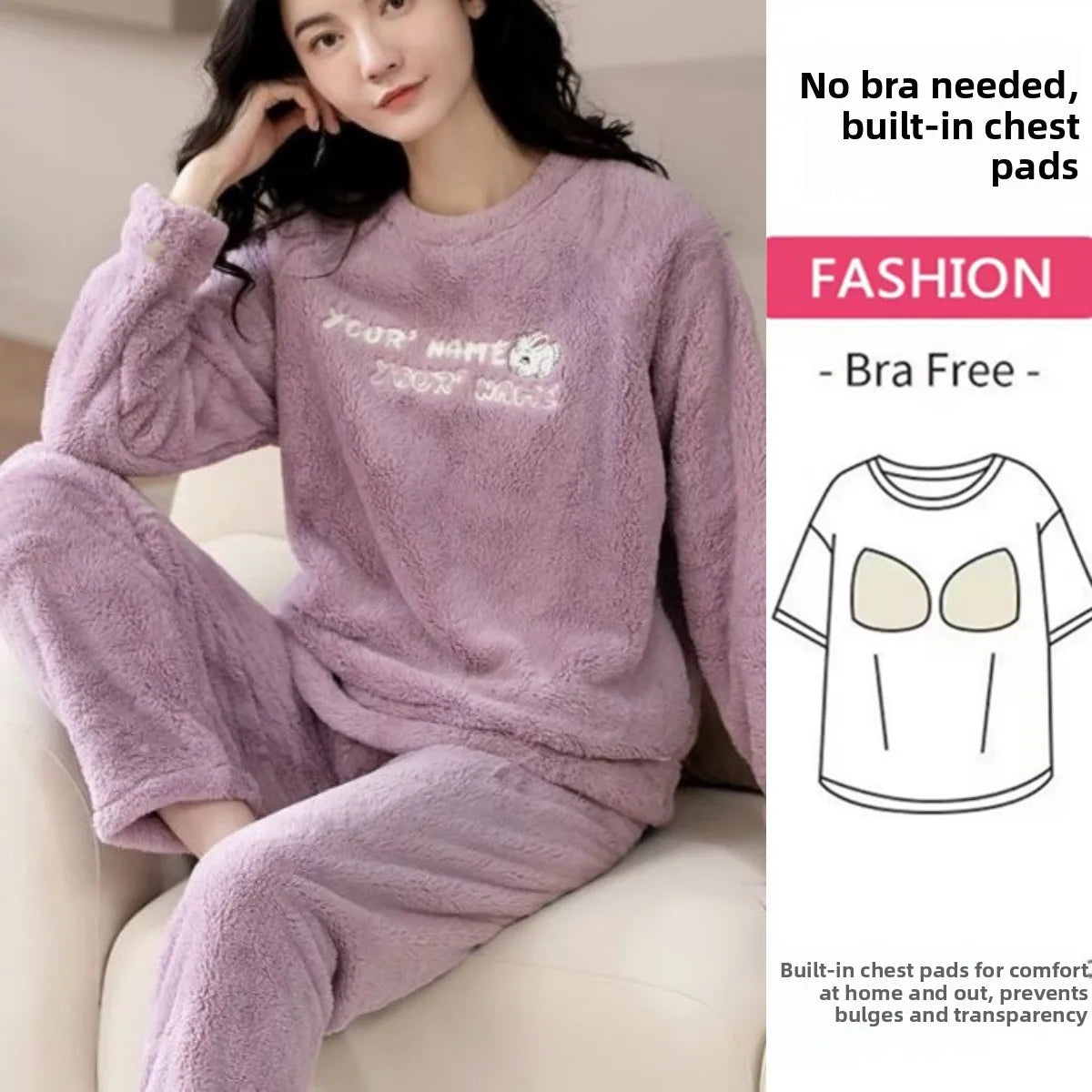 Thickened Long Sleeve Home Clothes Set with Chest Pad Winter Coral Fleece Korean Style Student Cute Large Size Home Clothes Set