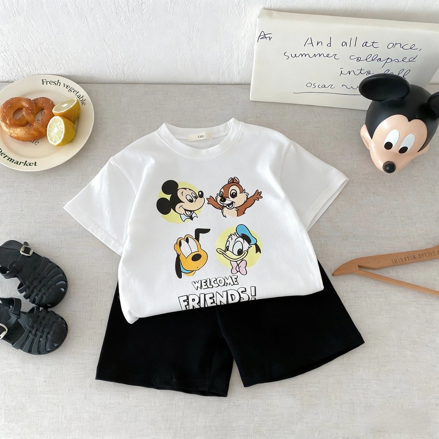 Donald Duck Pattern Children Cartoon T-shirt Set Summer Clothing Disney Print Short Sleeve Suit Casual Tracksuit Outfits 1-7 Age