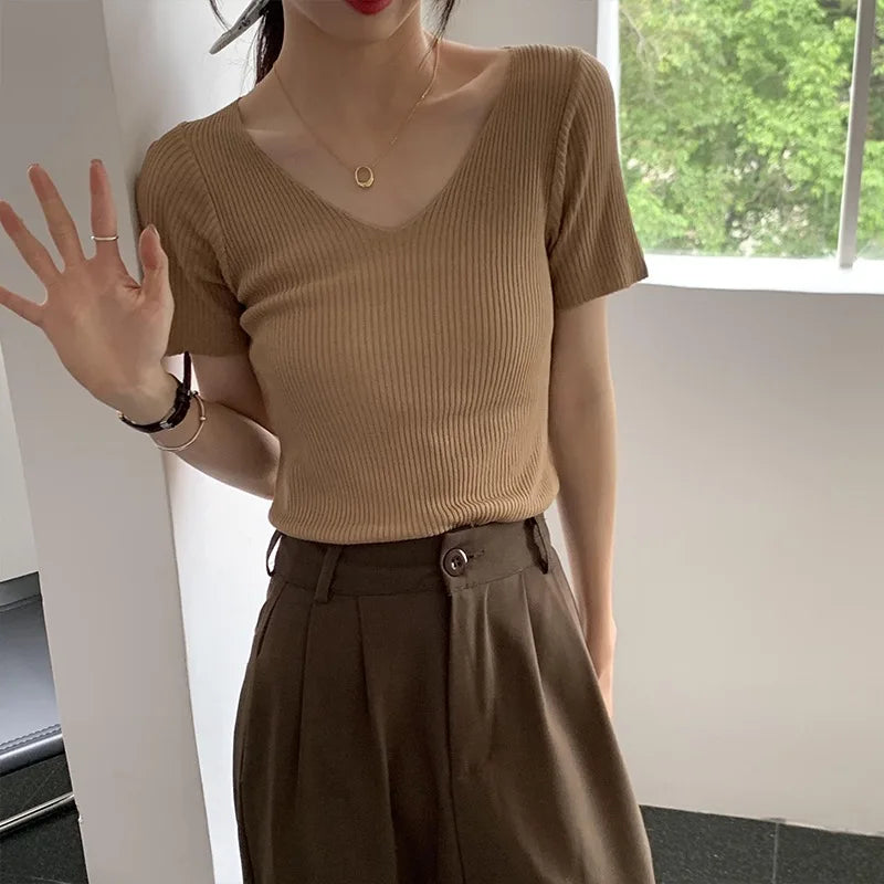 2026 Basic V-neck Solid Thin Summer Women Pullover Female Knitted Ribbed Sweater Slim Short Sleeve Bodycon Sweater