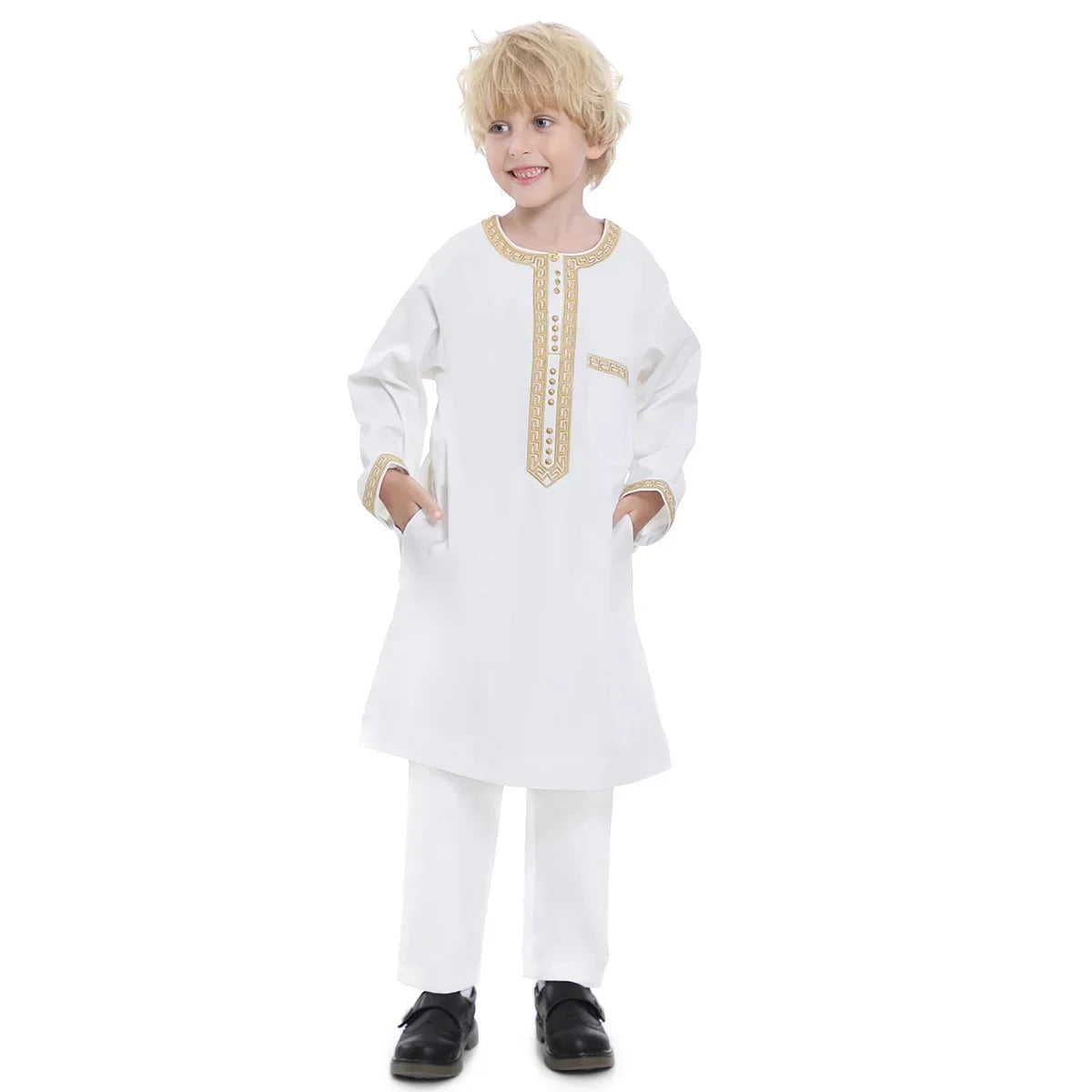 Muslim Children Robe 2 Pieces Set Kids Boy Round Neck Long Sleeve Printed Dress Shirt Abaya Kaftan Jubba Thobe Islamic Clothing