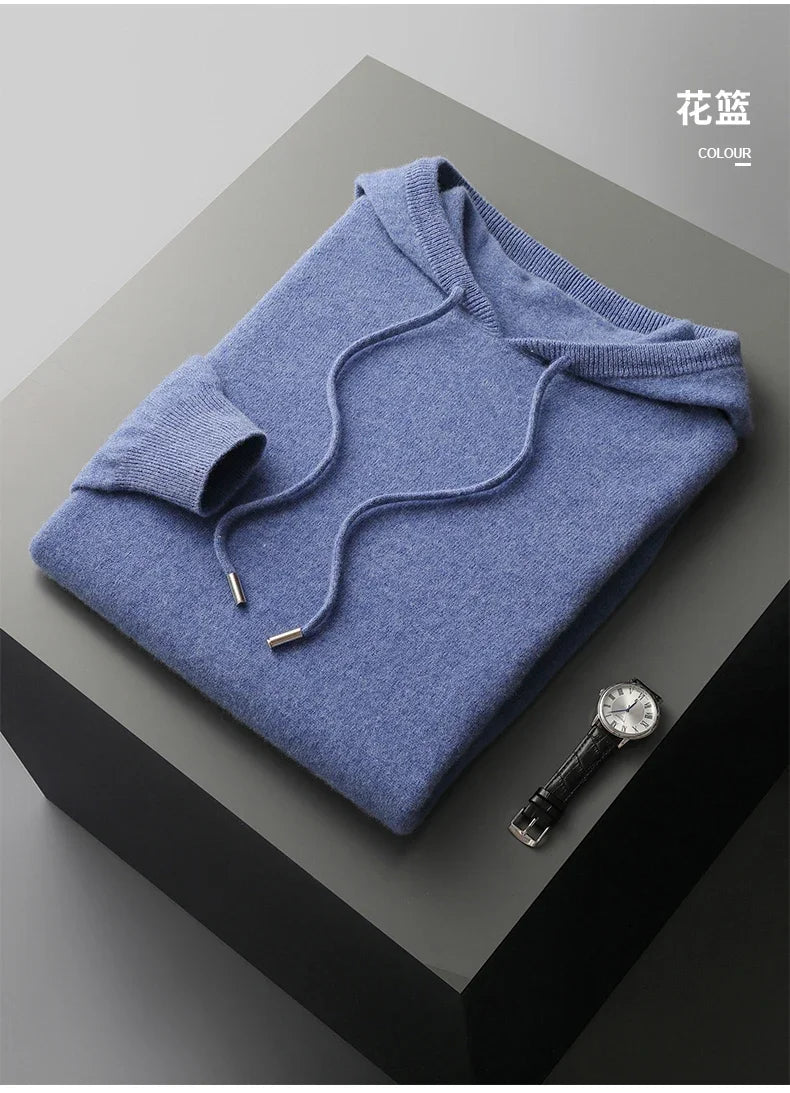 Men's One-piece ready-to-wear Hoodie 100% Merino Wool Knitted Sweatshirt Autumn Winter Casual Large Top Long Sleeved