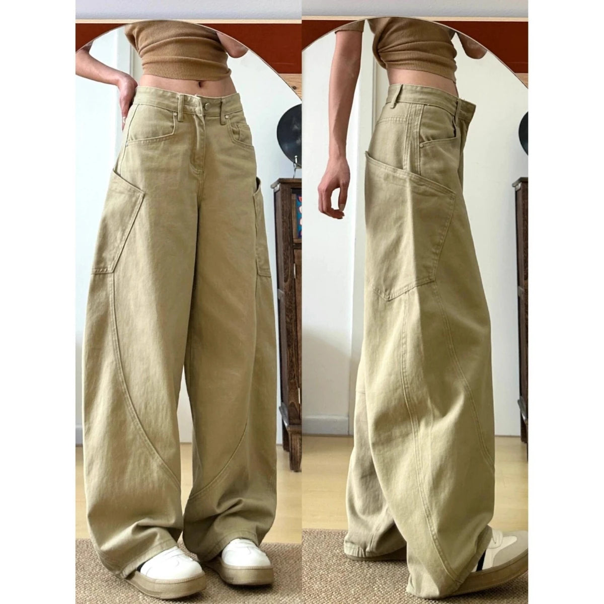 Retro American Khaki Wide Leg Jeans Women's Loose Fit Slimming Spring Autumn High Waist Versatile Casual Cotton Denim Pants