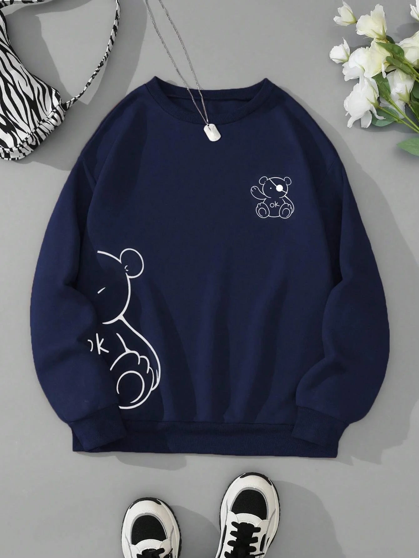 Autumn Winter Womans Sweatshirt Kawaii Ok Bear Graphic Printed Hoodies Comfortable O-Neck Fleece Soft Pullover Trend Sportswear