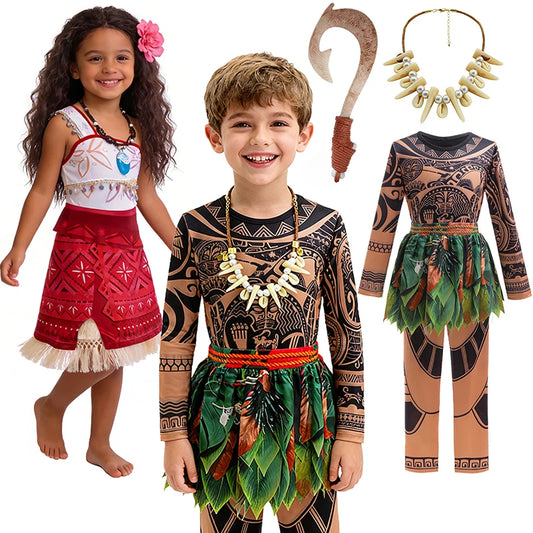 Summer Fancy Girl Princess Moana Dress Halloween Cosplay Carnival Party Primitive Tribes Maui Boys Costume Cartoon Kids Clothes