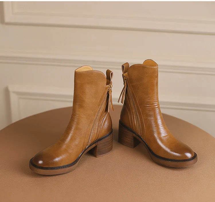 Women's Boots 2025 Spring and Autumn New Chelsea Boots Thick Heel Brown Short Leather Shoes for Women High Heels platform shoes