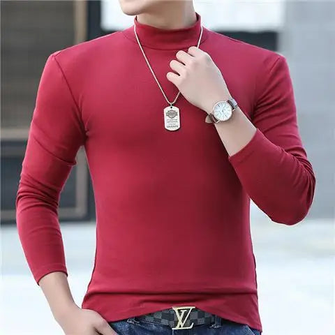 Fashion Men's Oversize High Collar Long Sleeves Autumn Winter Pure Thermal Shirt for Men  Layering Stylish T-Shirt