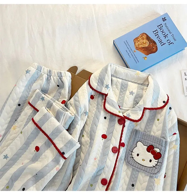 Hot Sanrio Girl Loungewear Set Hello Kitty Anime Kawaii Casual Loose Comfort Air-Layer Fabric 2-Piece Set Children Clothing New