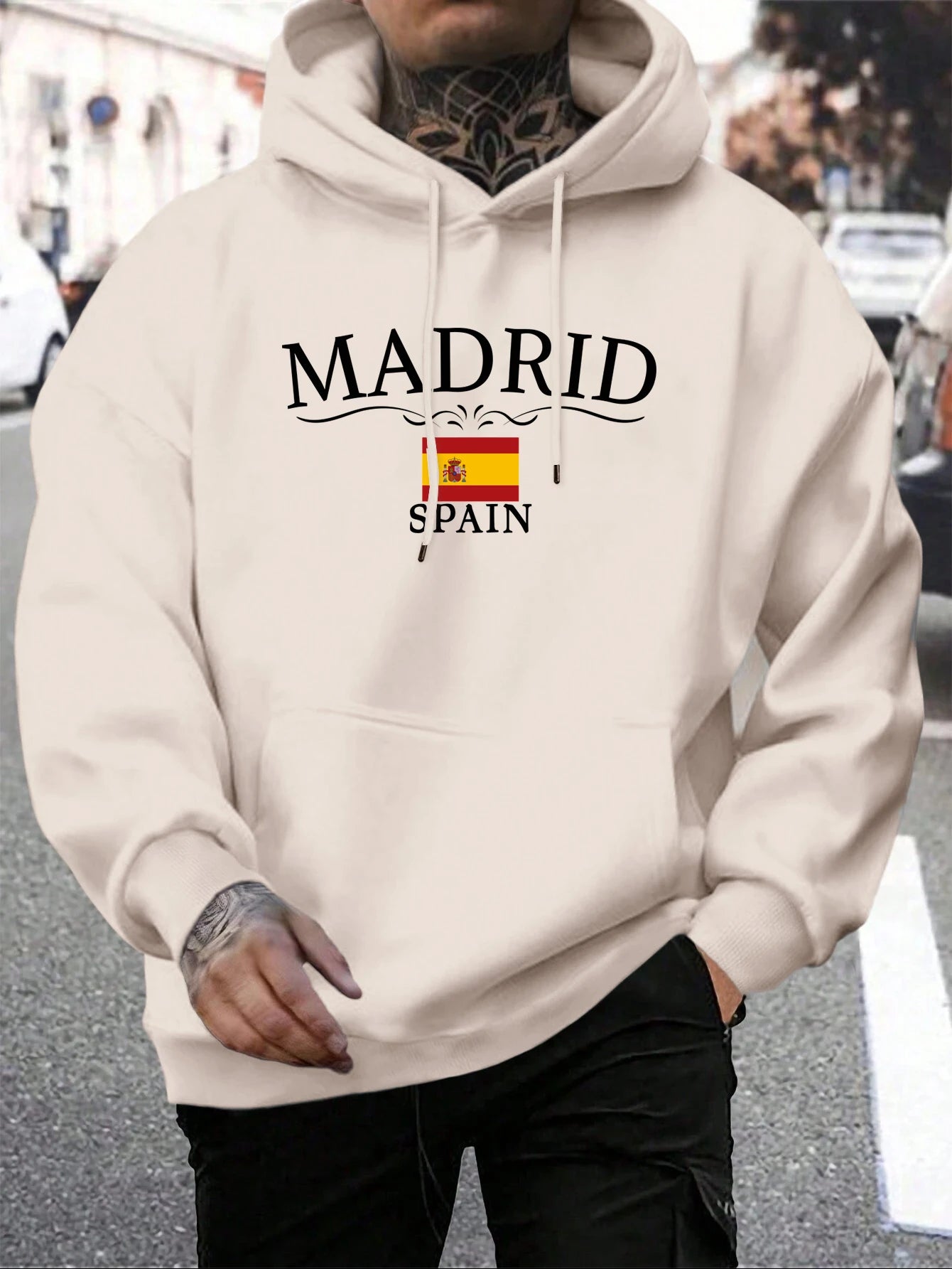 Hoody Men Trendy Madrid Spain Flag Printed Pocket Hoodie All-Match Fleece Comfortable Clothes Autumn Fashions Streetwear