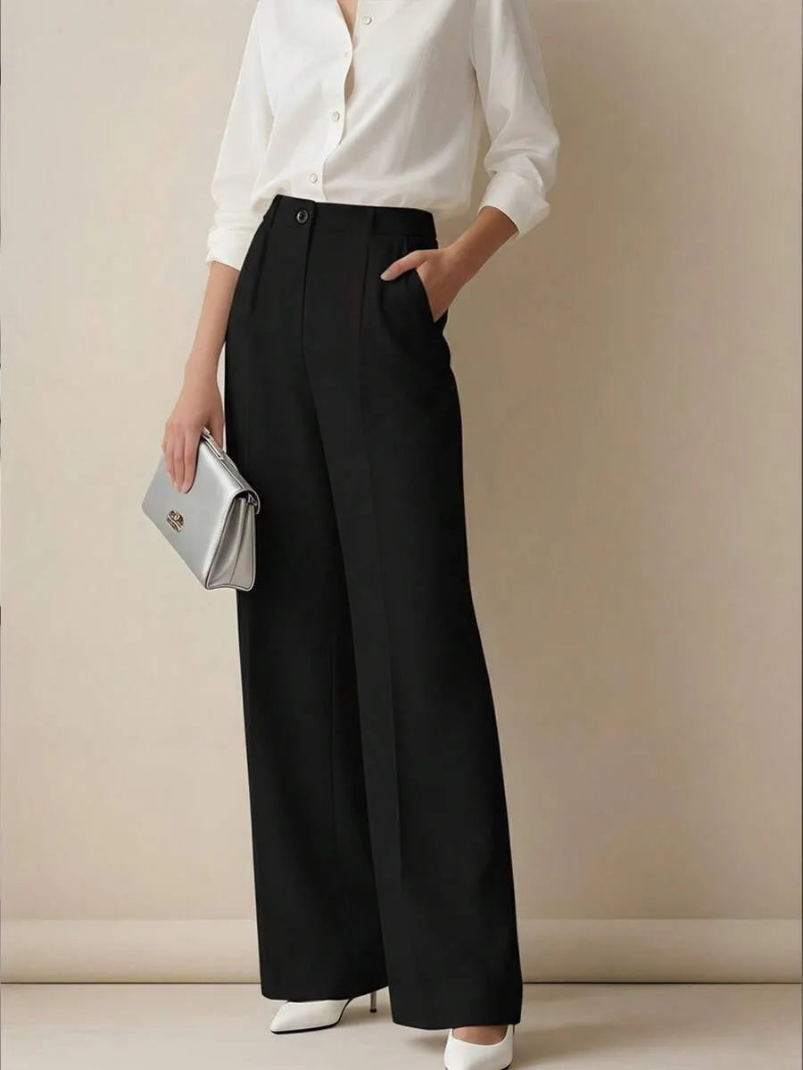 European and American cross-border spring and autumn fashion solid color casual high-waist loose work trousers with pockets