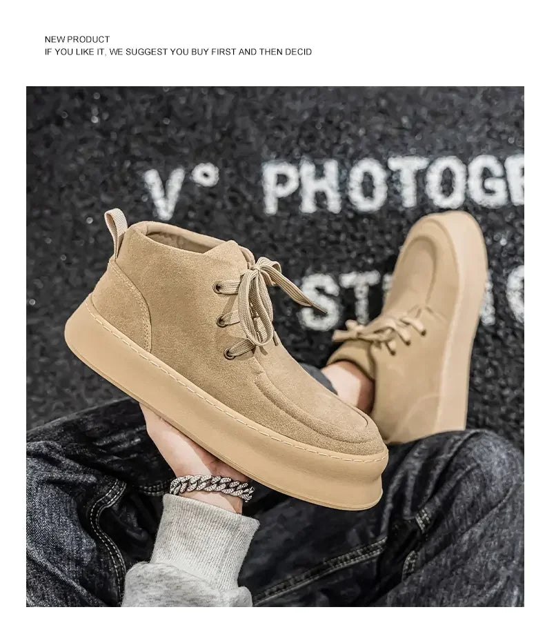 Men's High-top Boots in Solid Colors Flat Heels and Lace-up A Trendy Brand Design for The Four Seasons Fashion Walking Boots