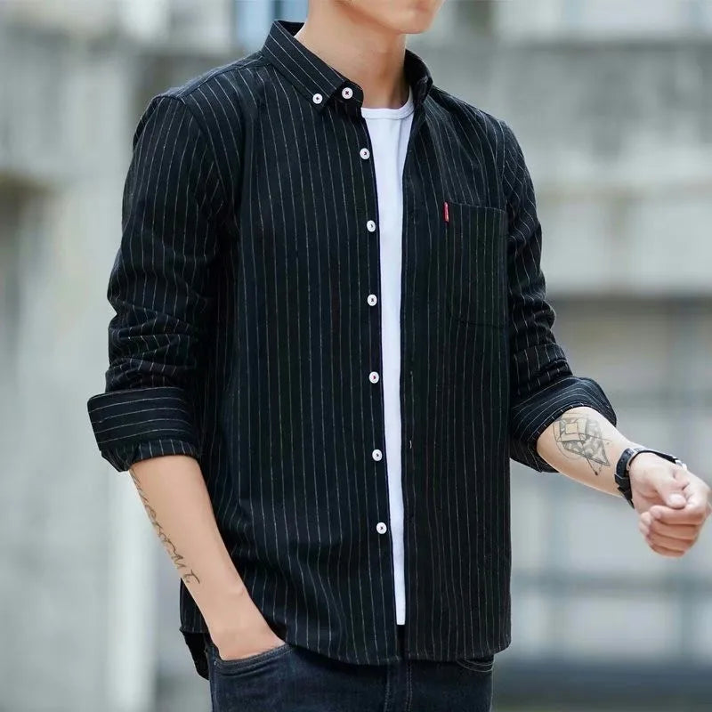 Oxford Cloth Long Sleeve Casual Shirt Thin Summer Men's Fashion Striped Shirt Versatile Loose Fit Sharp Collar Wool Blend