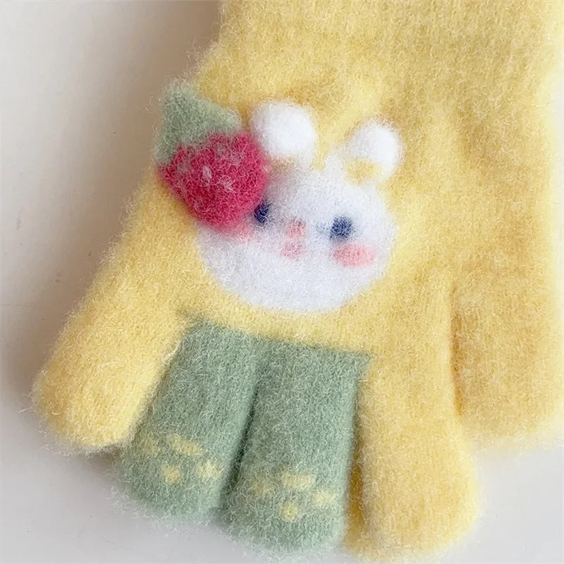 3-6Ages Children's Cute Strawberry Rabbit Kids Warm Gloves Autumn Winter Baby Boys Girls Five Finger Mittens Kindergarten Glove