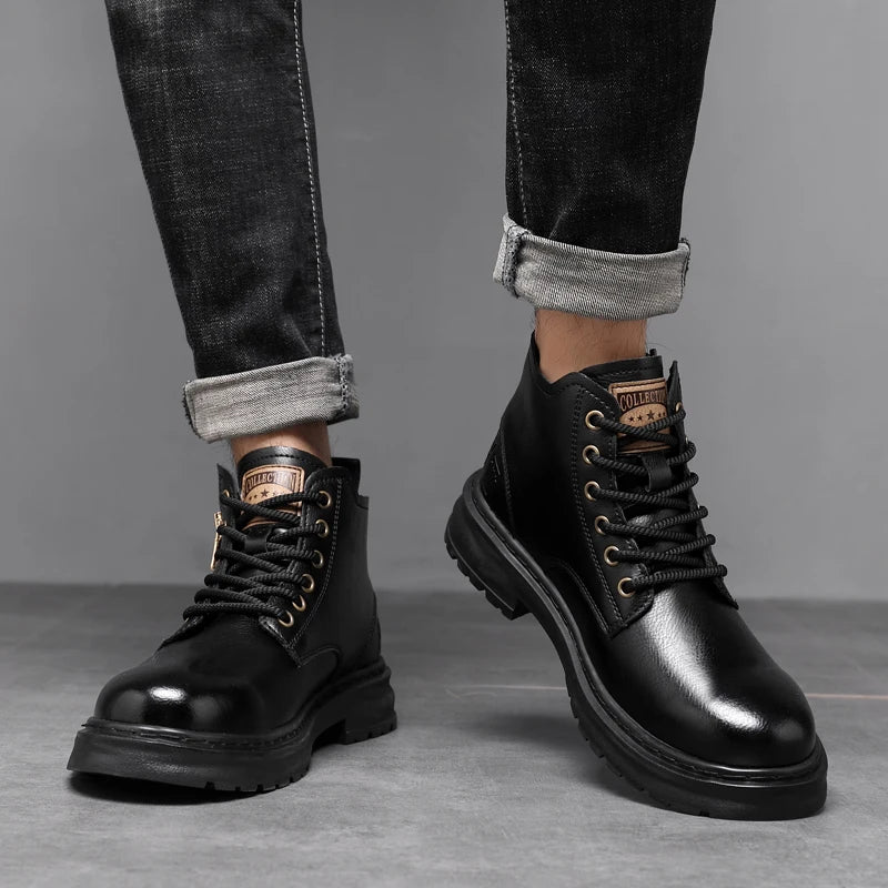 2025 New British Style Ankle Boots Men Outdoor Shoes Cargo Wear Casual High Quality Leather Boots Men's Non-slip Motorized Boots