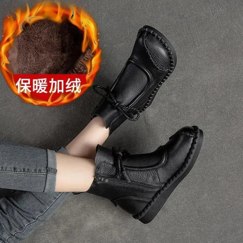 Women's Boots Spring Autumn New Retro Non-Slip Soft Bottom Flat Shoes Comfortable Soft Cowhide Ankle Boots