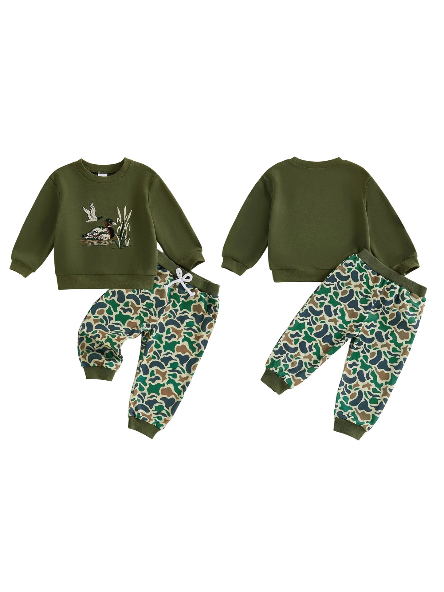 FOCUSNORM 0-4Y Casual Kids Boys Fall Clothes Sets Duck Embroidery Long Sleeve Round Neck Pullover + Camouflage Pants