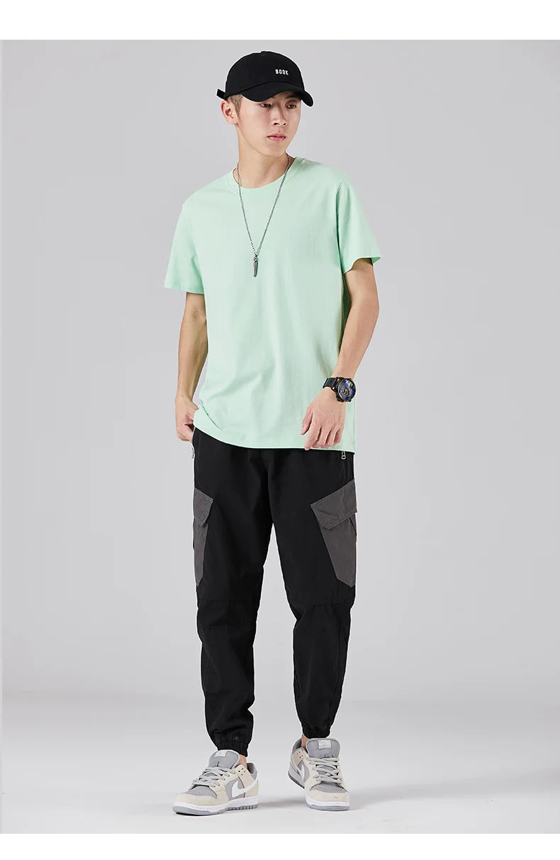 180g Solid Color 100% Cotton Men T Shirt Hip-Hop Cotton T-shirt O-neck Summer Male Causal Tshirts Fashion Loose Tees SD0021