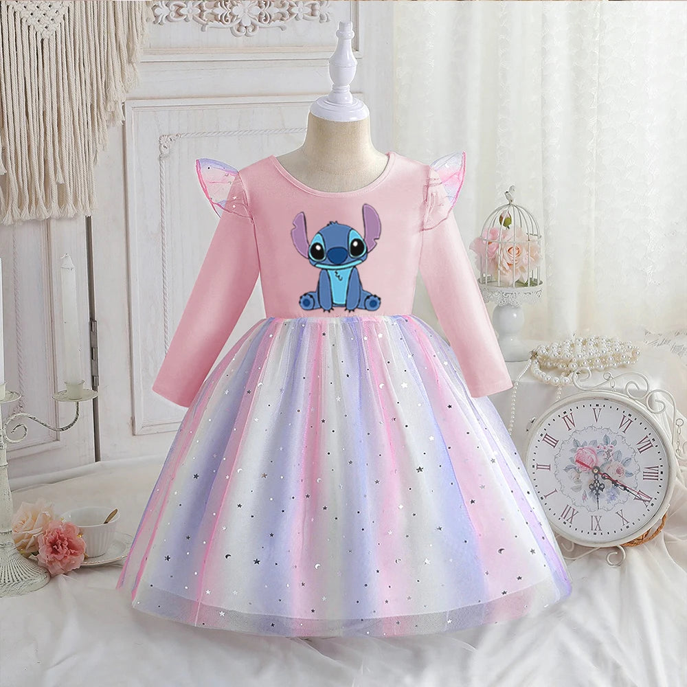 Stitch Princess Dress Autumn New Disney Baby Girls Dress Spring Autumn Long-sleeved For Children Kids Clothes Birthday Party