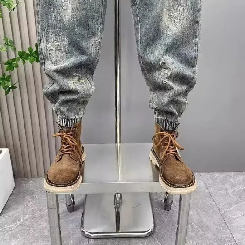 2025 Spring and Autumn Trendy Men's Versatile Cool and Trendy Washed Blue Casual Fashion Drawstring Loose Fit Jeans