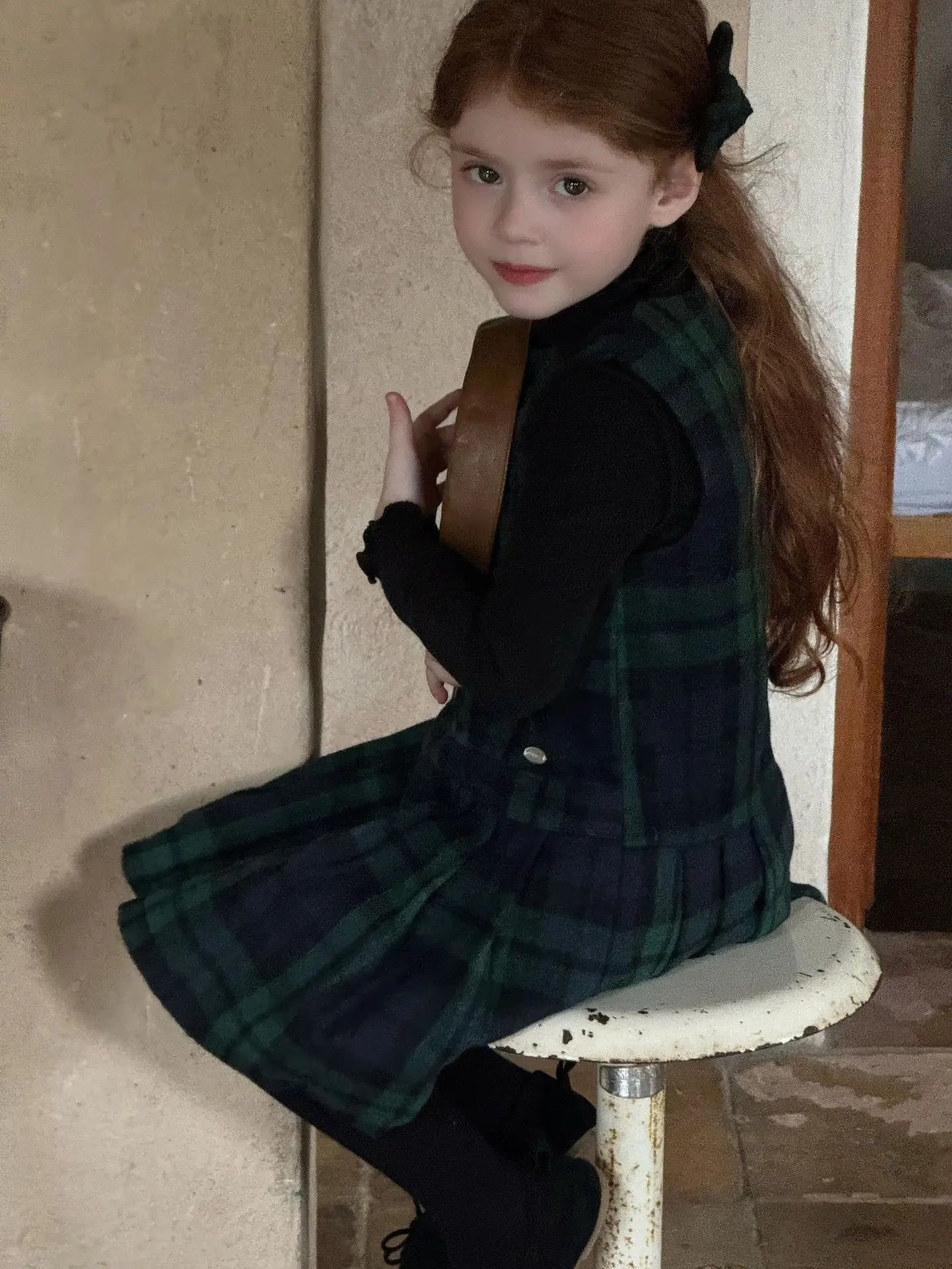 Kids Dresses for Girls Green Grid Hair Vest Pleated Skirt Vest Skirt Autumn Girls Clothes Girls Dress