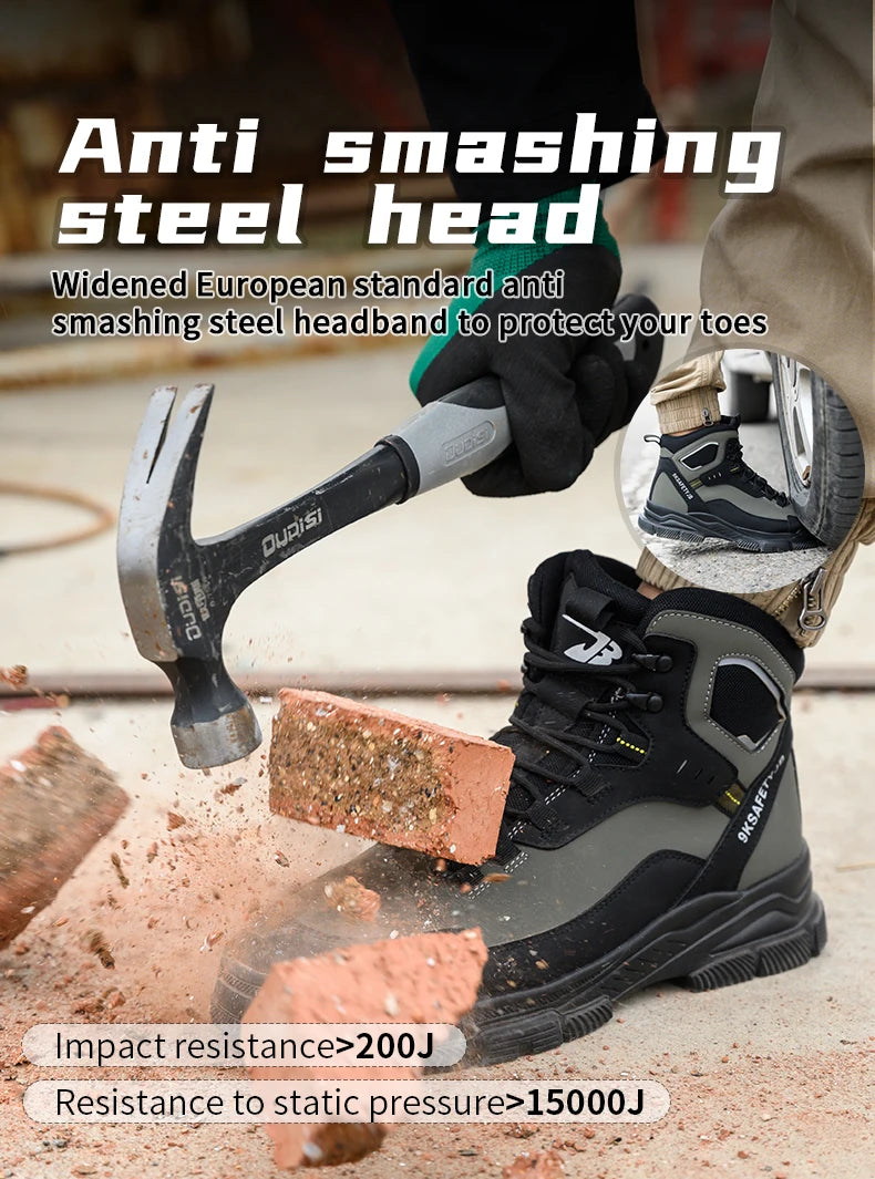 Men's High Top Work Safety Boots with Steel Toe - Anti-Smash, Durable, Protective & Comfortable for Industrial and Outdoor Use