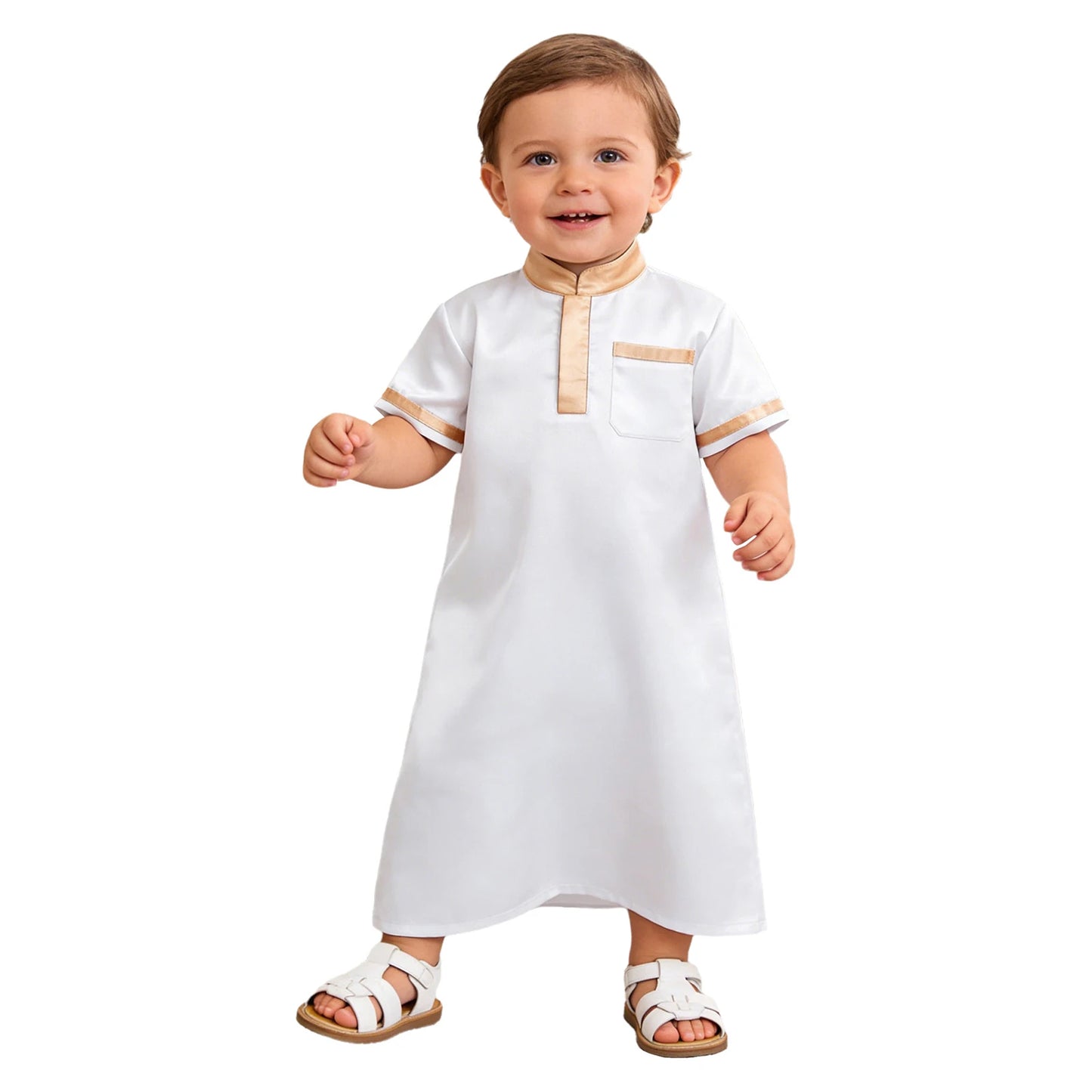 Muslim Baby Boys Robe Ramadan Eid Abaya Stand Collar Short Sleeve Satin Dress Gown with Pocket Arabic Islamic Dubai Kaftan Thobe