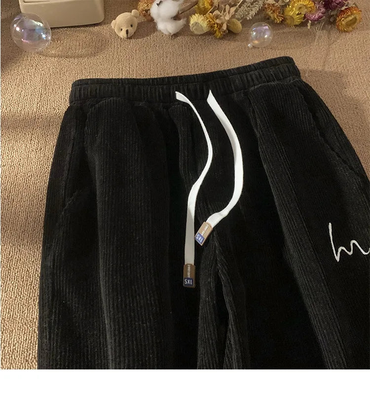 Corduroy Pants for Couples Autumn Winter Loose Fit High Waist Casual Loose Trousers Sports Pants Men Women Trendy Embroidery