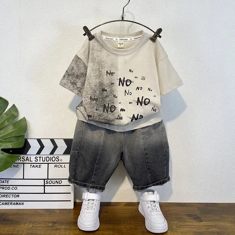 Korean Baby Boys Summer Sets Children's Clothing Short-Sleeved Letter T-Shirt & Denim Shorts Kids Boys Outfits Clothes 2-11Y