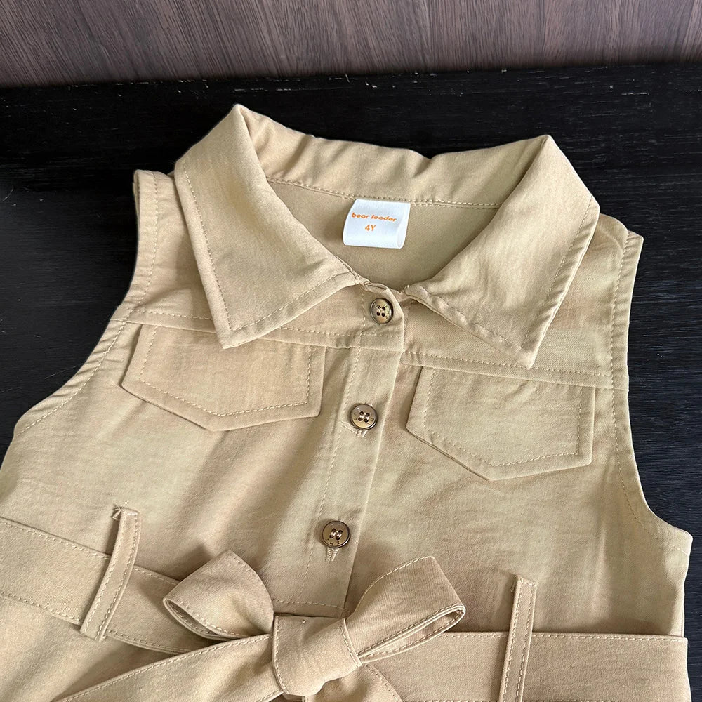 Bear Leader Fashion Girls Windbreak Dresses Summer Sleeveless Work Outfits with Waistband Solid Color Kids Clothes