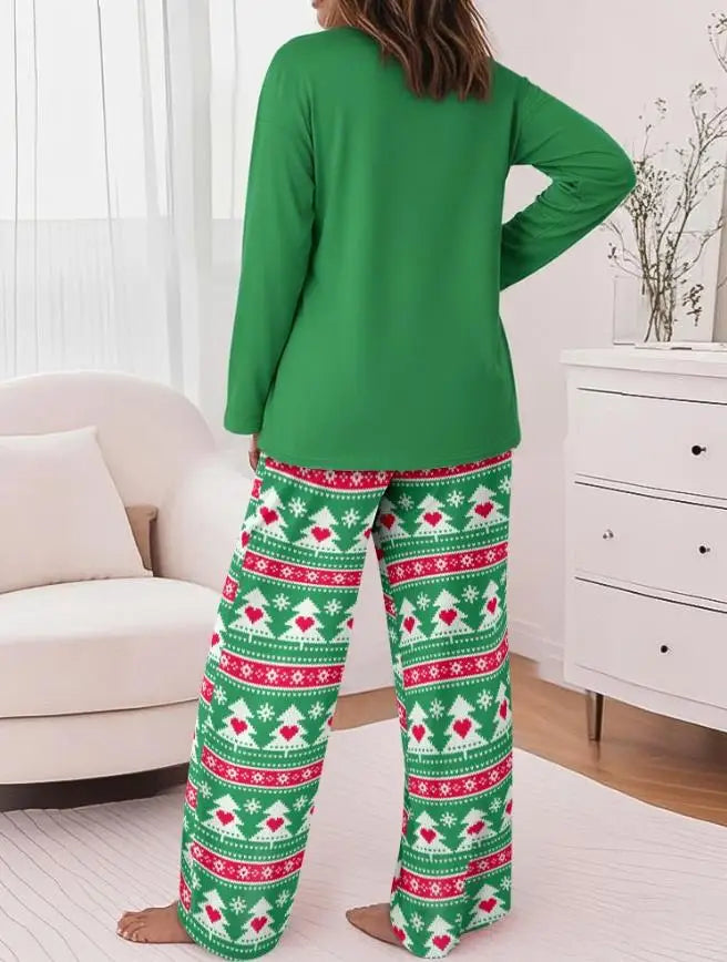 Letter Printed Round Neck T-Shirt and Christmas Tree Love Printed Straight Leg Pants Set Christmas Ladies' Pajamas Set