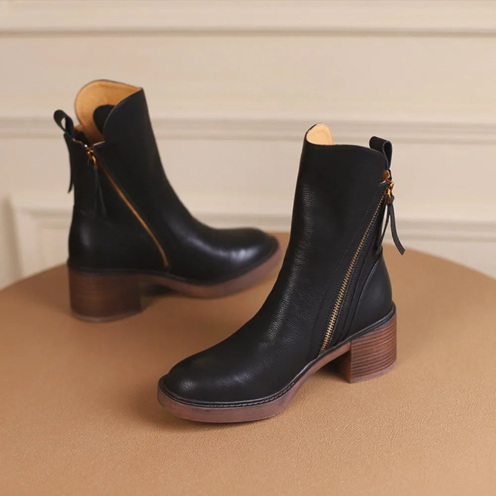 Women's Boots 2025 Spring and Autumn New Chelsea Boots Thick Heel Brown Short Leather Shoes for Women High Heels platform shoes