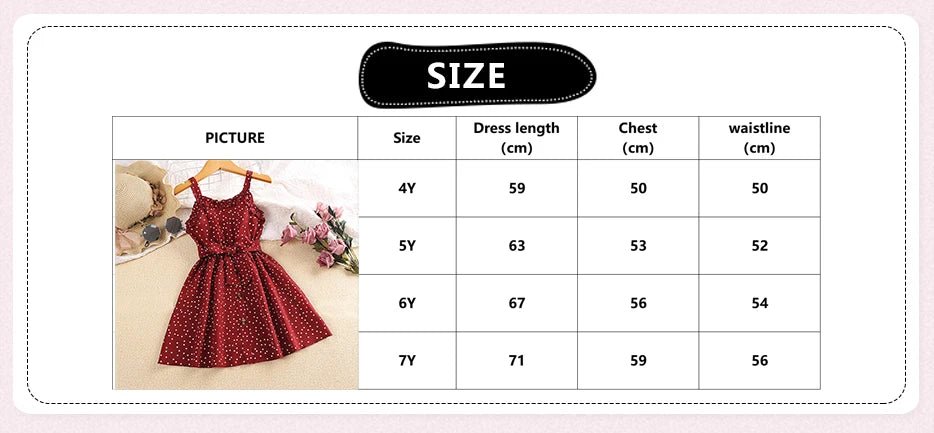 Kids Dress For Girls 4-7Years Red Polka Dot Strap Dress Comfortable And Cool
