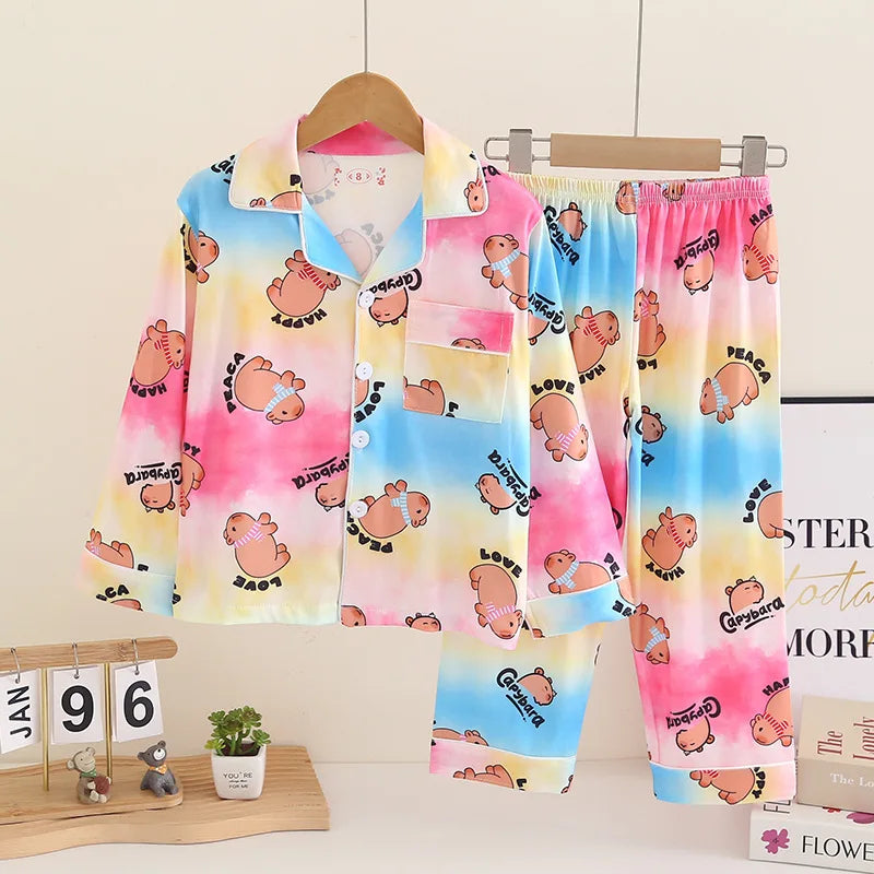 Cartoon New Spring Autumn Children's Pajamas Set Girls Boys Teenagers Stitch Long-sleeved and Pants Outside Home Clothes Set