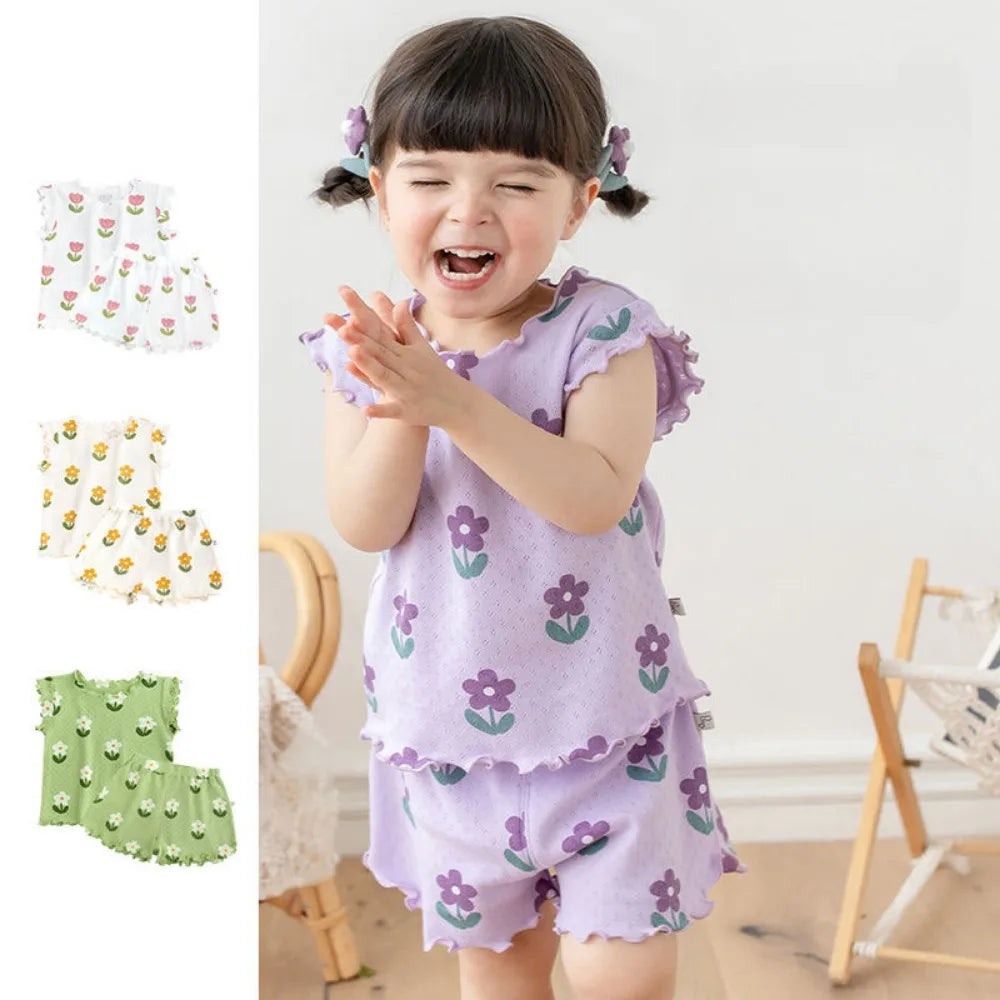 Bear Leader Summer New Pajama Baby Girl Clothes 3-7 Years Old Flower Printed Short Sleeved Top + Shorts Cute Children's Set