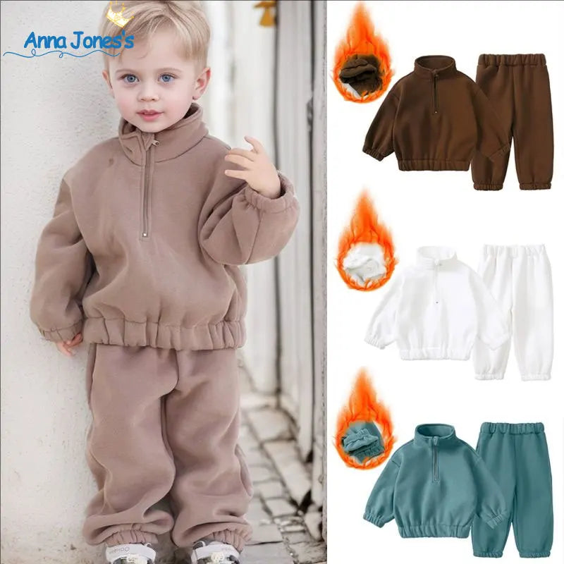 2026 Fleece Warm Kids Boys Girls Tracksuit Clothes Set Stand Collar Zipper Top Sweatshirt+Bottom Pants Baby Children Outfits