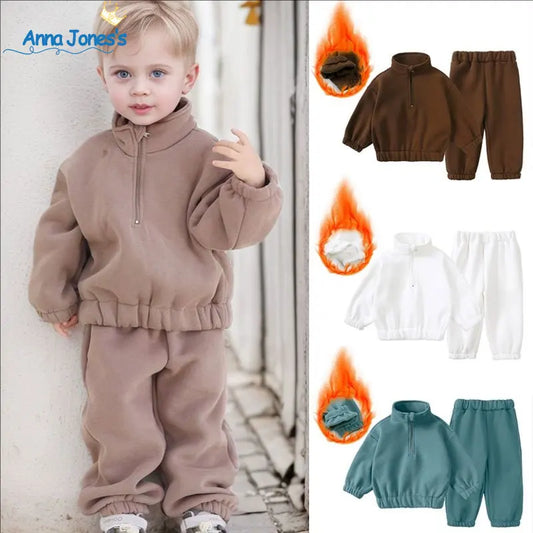 2026 Fleece Warm Kids Boys Girls Tracksuit Clothes Set Stand Collar Zipper Top Sweatshirt+Bottom Pants Baby Children Outfits