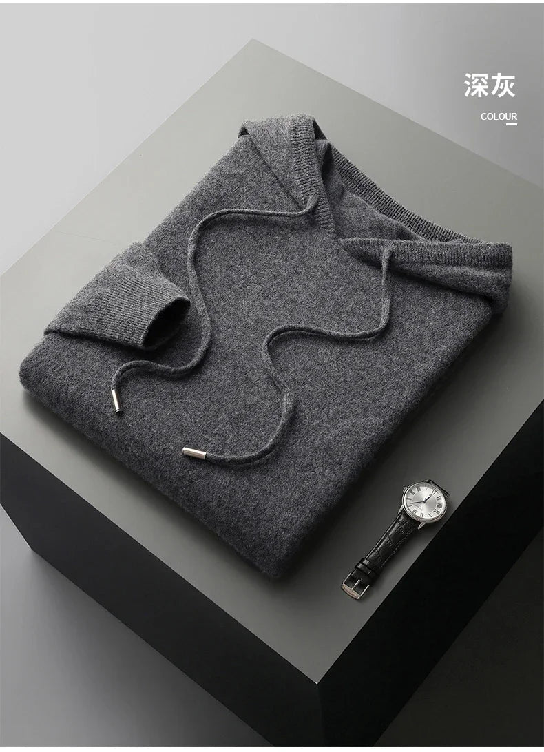 Men's One-piece ready-to-wear Hoodie 100% Merino Wool Knitted Sweatshirt Autumn Winter Casual Large Top Long Sleeved