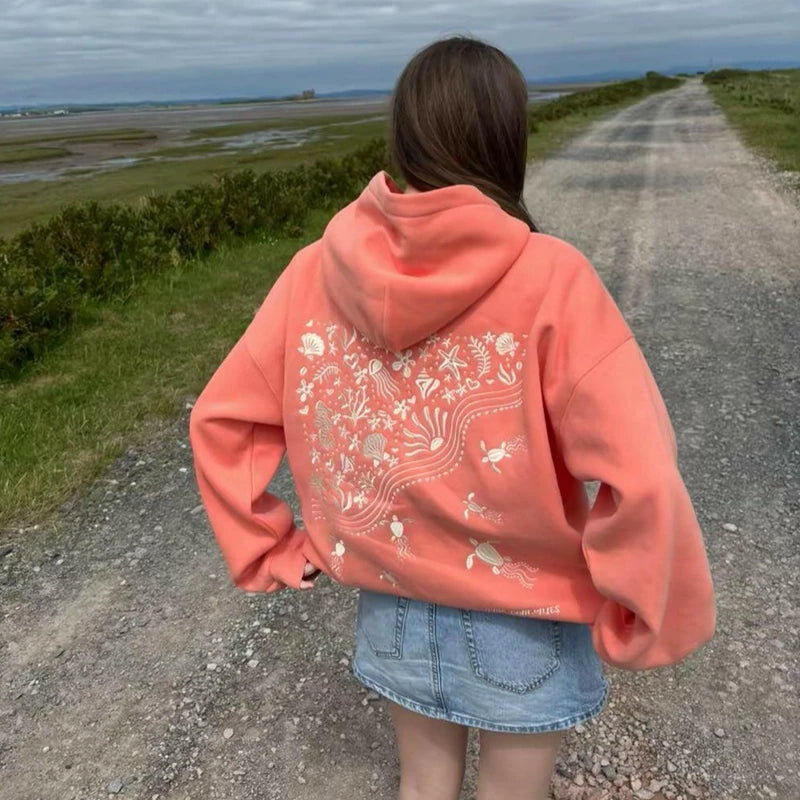 Combhasaki Cute Hoodies for Teen Girls Graphic Embroidery Oversized Preppy Sweatshirt Y2K Long Sleeve Aesthetic Beach Hooded Top