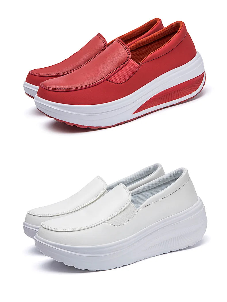 Women's Shoes Spring Genuine Leather Soft Outsole Work Shoes Female Black Swing Shoes Woman Plus Size Wedges Single Shoes