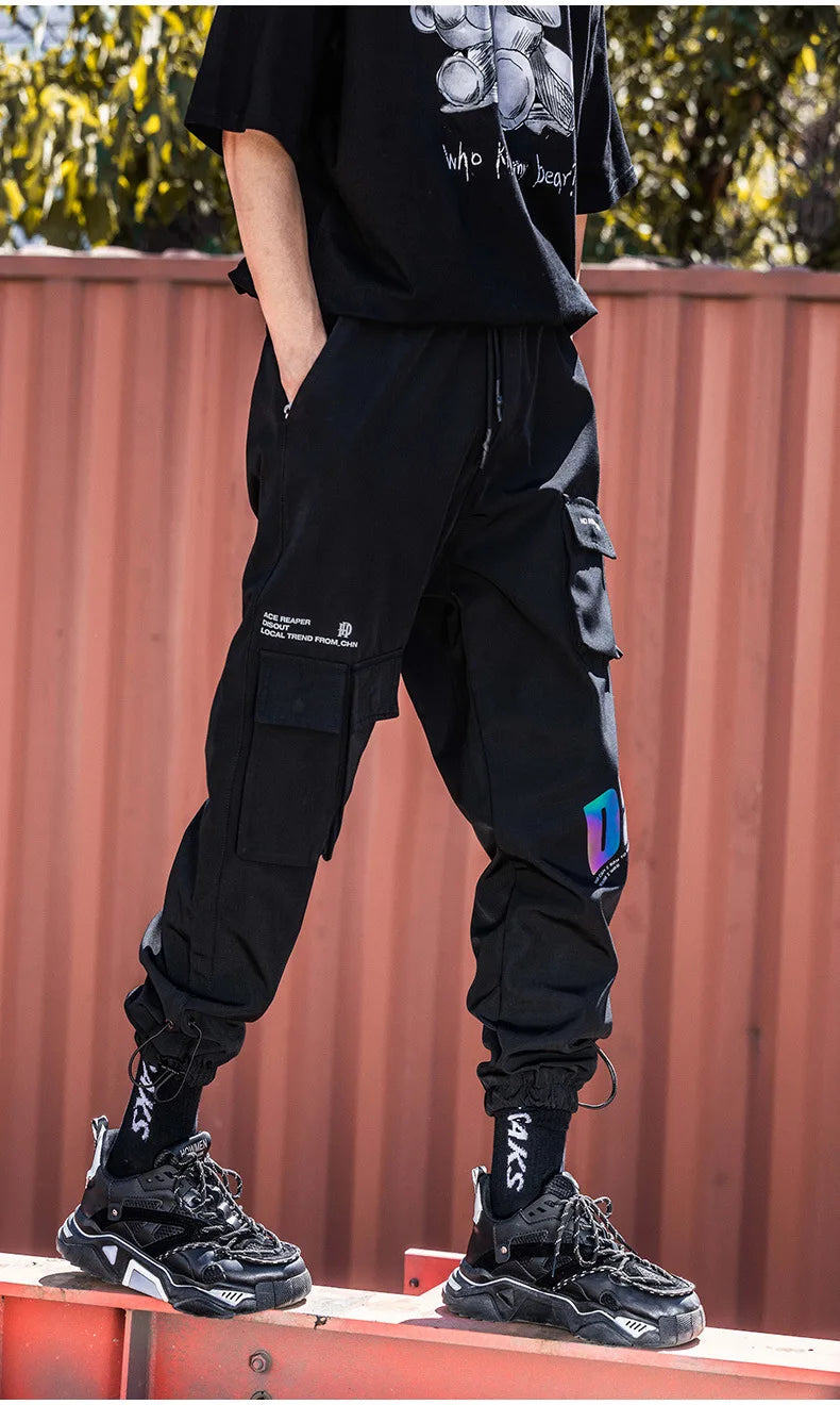 Thin Streetwear Casual Pants Men Ribbons Harem Jogging Pants Male Slim Fit Spring Cargo Pants Multi-Pockets Women Trouser K1299