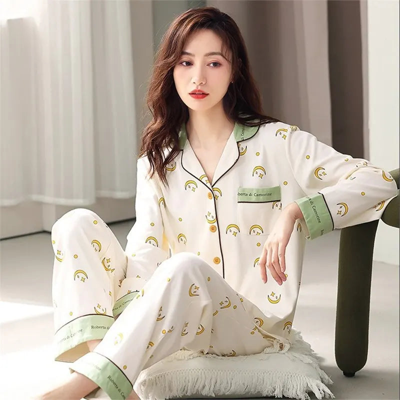 Antibacterial Pure Cotton Sleepwear Set for Women Loose Long Sleeve Home Clothes Cardigan Pants Fashionable Korean Style