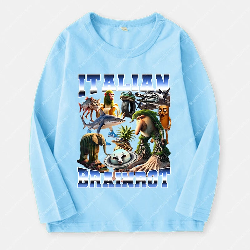 Italian Brainrot Long Sleeve T-shirt for Kids Funny Meme Children Autumn Tops Tung Tung Tung Sahur Tee Boy Girl Clothing Gifts