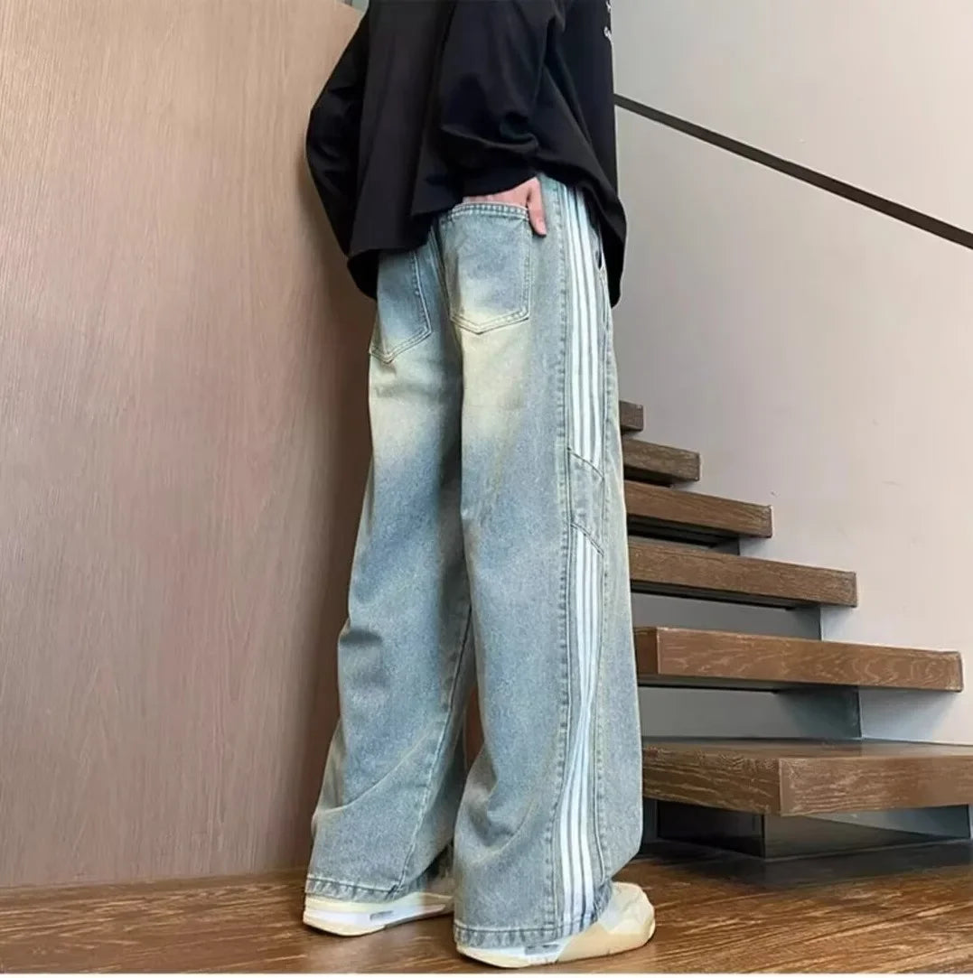 American Style Retro Men's Straight Leg Jeans Spring Autumn Trendy High Street Loose Wide Leg Long Pants Water Washed