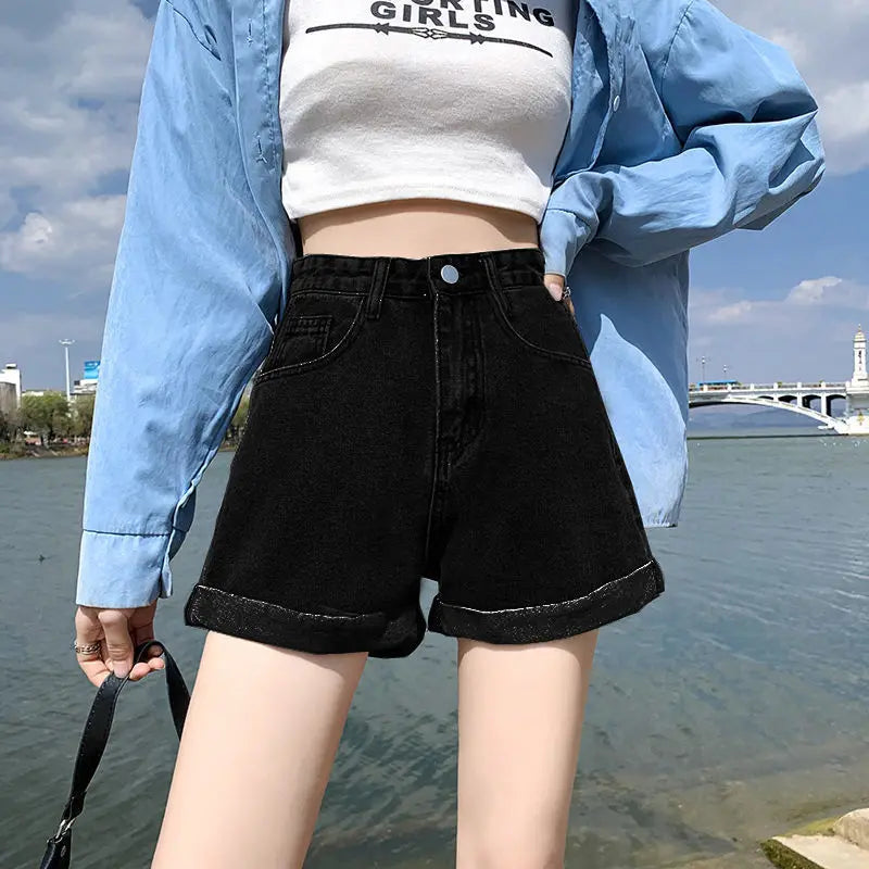High Waist Loose Fit A- Line Wide Leg Short Jeans Women's Summer Thin New Style Fashionable Cuffed Hot Pants Trendy INS