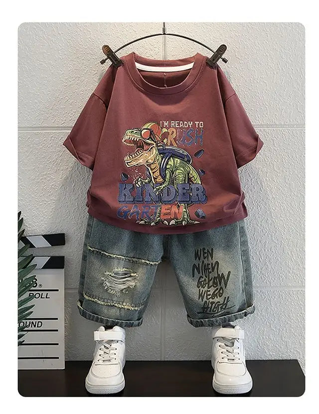 Korean Baby Boys Summer Sets Children's Clothing Short-Sleeved Letter T-Shirt & Denim Shorts Kids Boys Outfits Clothes 2-11Y