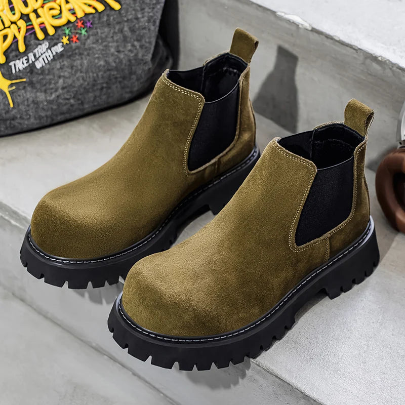 High Quality Fashion Mens Boots Black Boots Fashion Casual British Style Thick Bottomed Mid-top Chelsea Boots Large Size