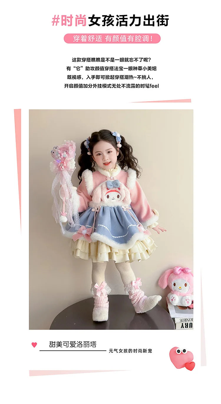 Anime My Melody Lolita Princess Dress Girl Bow Decoration Party Dress Ruffled Tutu Skirt Fleece-Lined Layered Dress Ball Gown