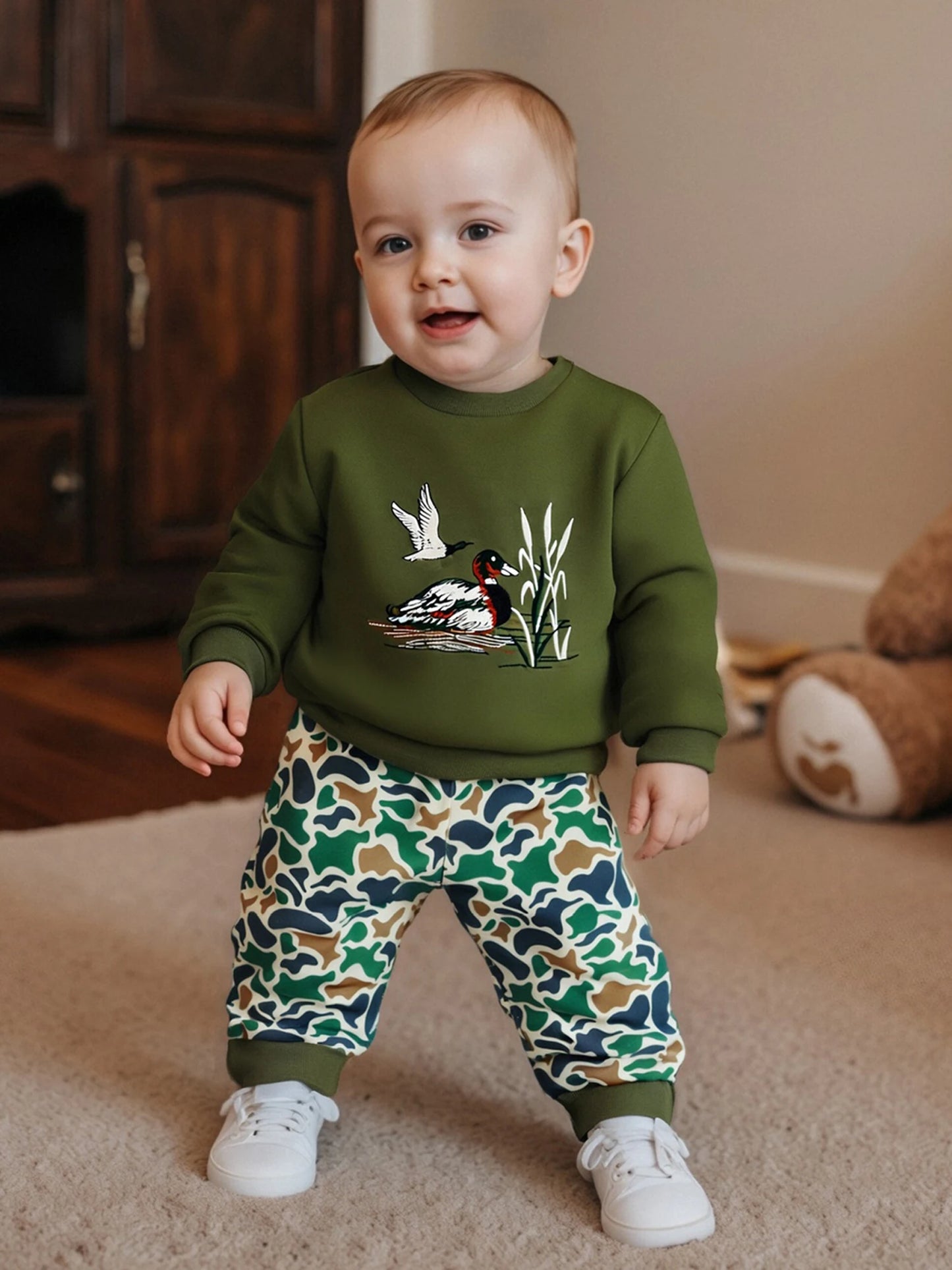 FOCUSNORM 0-4Y Casual Kids Boys Fall Clothes Sets Duck Embroidery Long Sleeve Round Neck Pullover + Camouflage Pants
