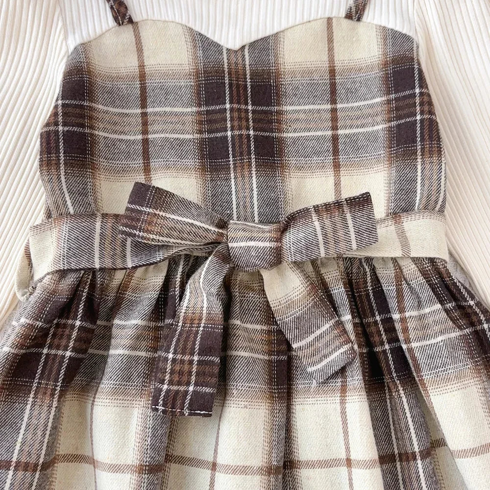 Korean Version Long Sleeved Shirt Fake Two-piece with Belt+Print Hat Outfits 3-7 Years Old Autumn New Plaid Girls Casual Dresses